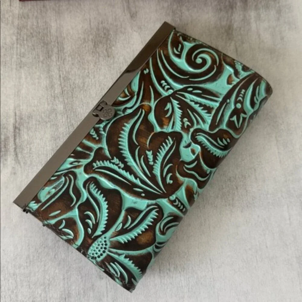 Patricia Nash Wallet Leather Framed Turquoise Cauchy Tooled In Gift Box